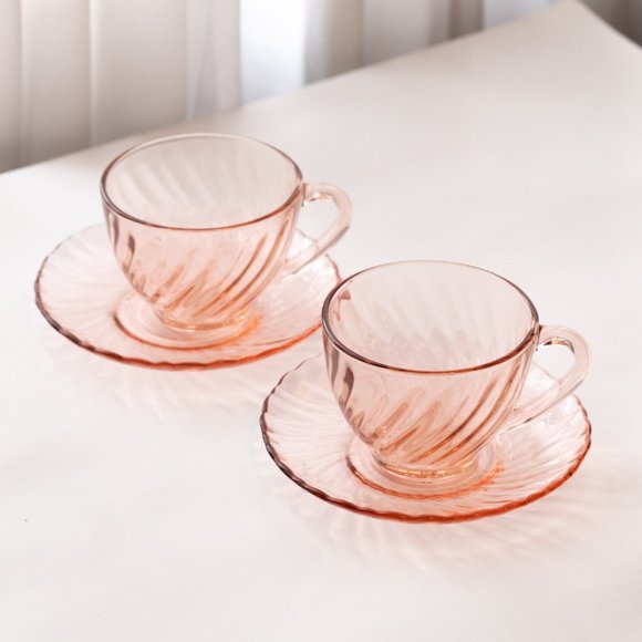 [ SOLD ] Arcoroc Rosaline Pink Swirl France Glass Tea Cups and Saucers Set of 2 - Picture 2 of 11